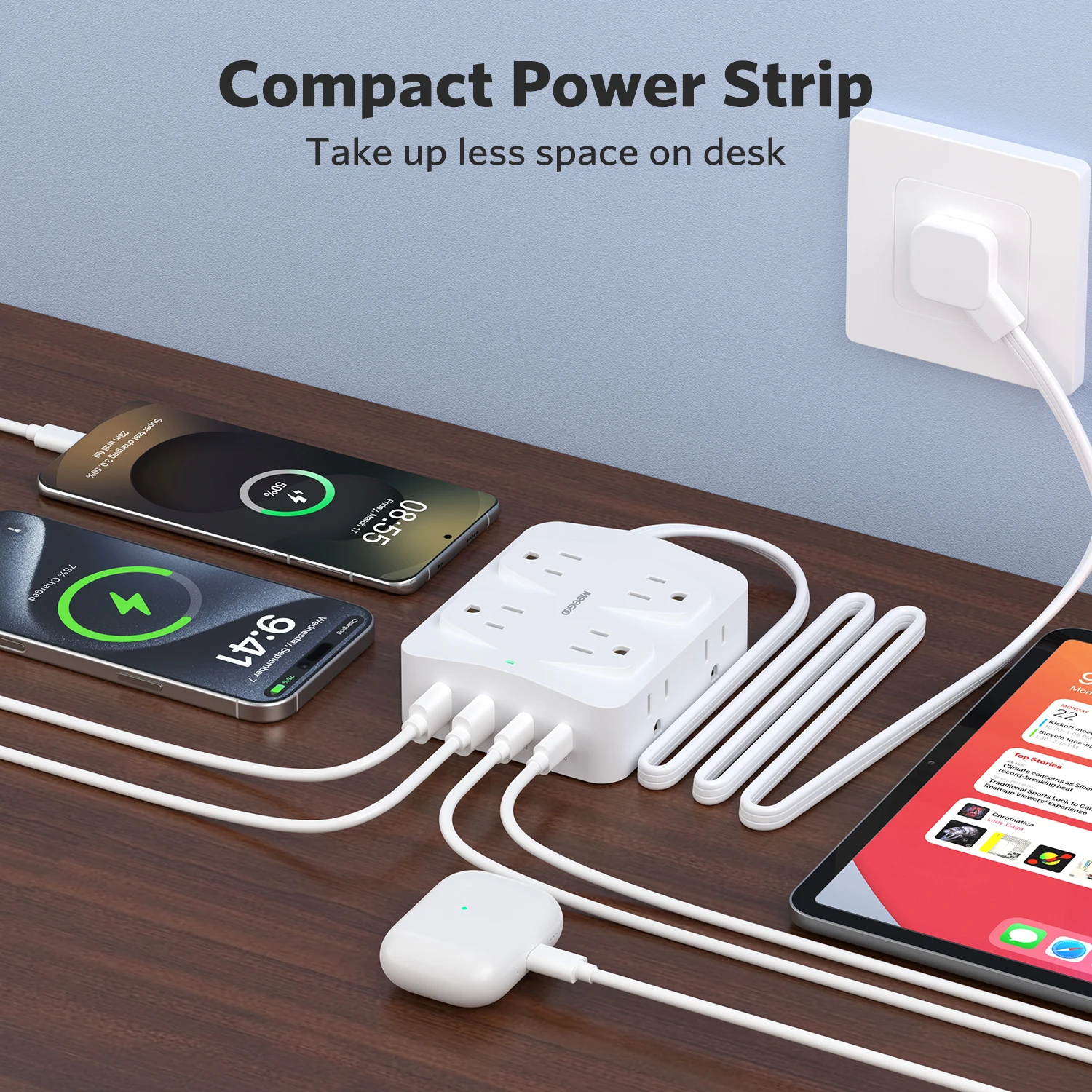 MeeGoo 35W GaN Power Strip, 12-in-1(8AC+2USB+2PD), 3250W Surge Protection, 1.5M Cord, US Plug, White