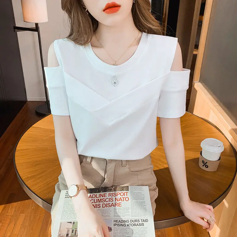 Fashion O-Neck Spliced Diamonds Off Shoulder T-Shirts Women Clothing 2024 Summer Loose Korean Solid Color Tops Casual Tee Shirt