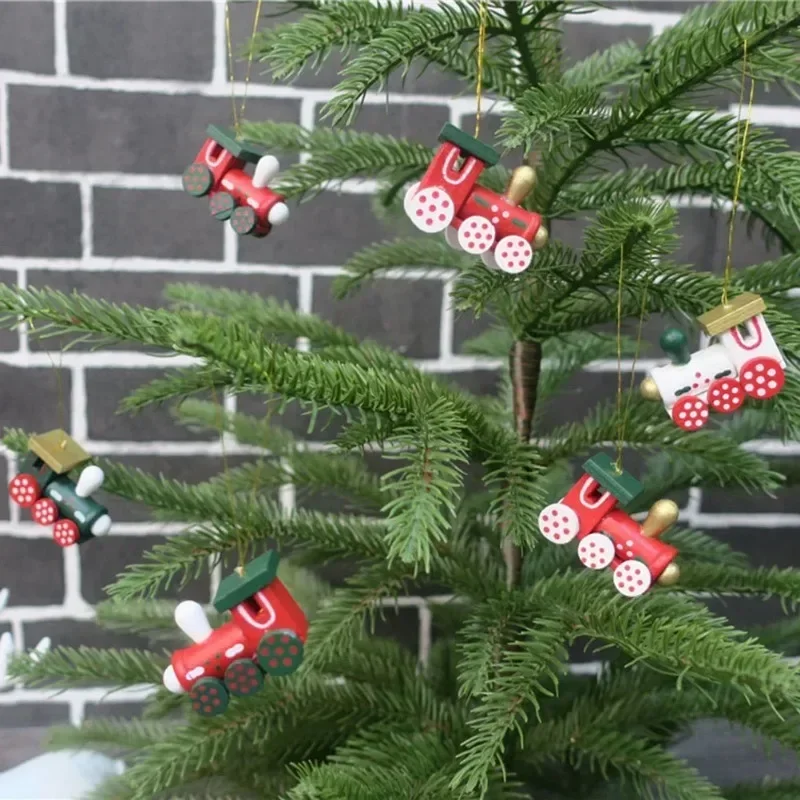 Christmas Train and Image Ornaments Tree Set Hanging Wooden Miniature Decorations Pendant Wood Head Mini Ornament Decor Toys