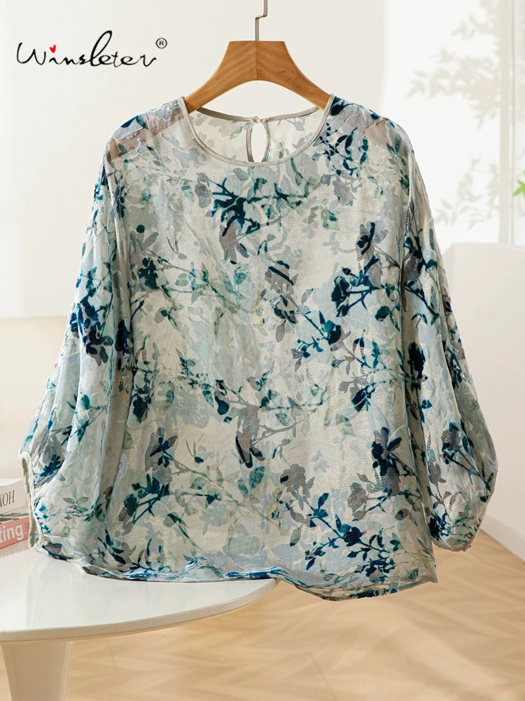 

Winsleter- Women 62.6% Silk Elegant Shirt, Batwing Sleeve O Neck Velvet Floral, Retro Chic Loose Blouse, 2025 Autumn T59508CC