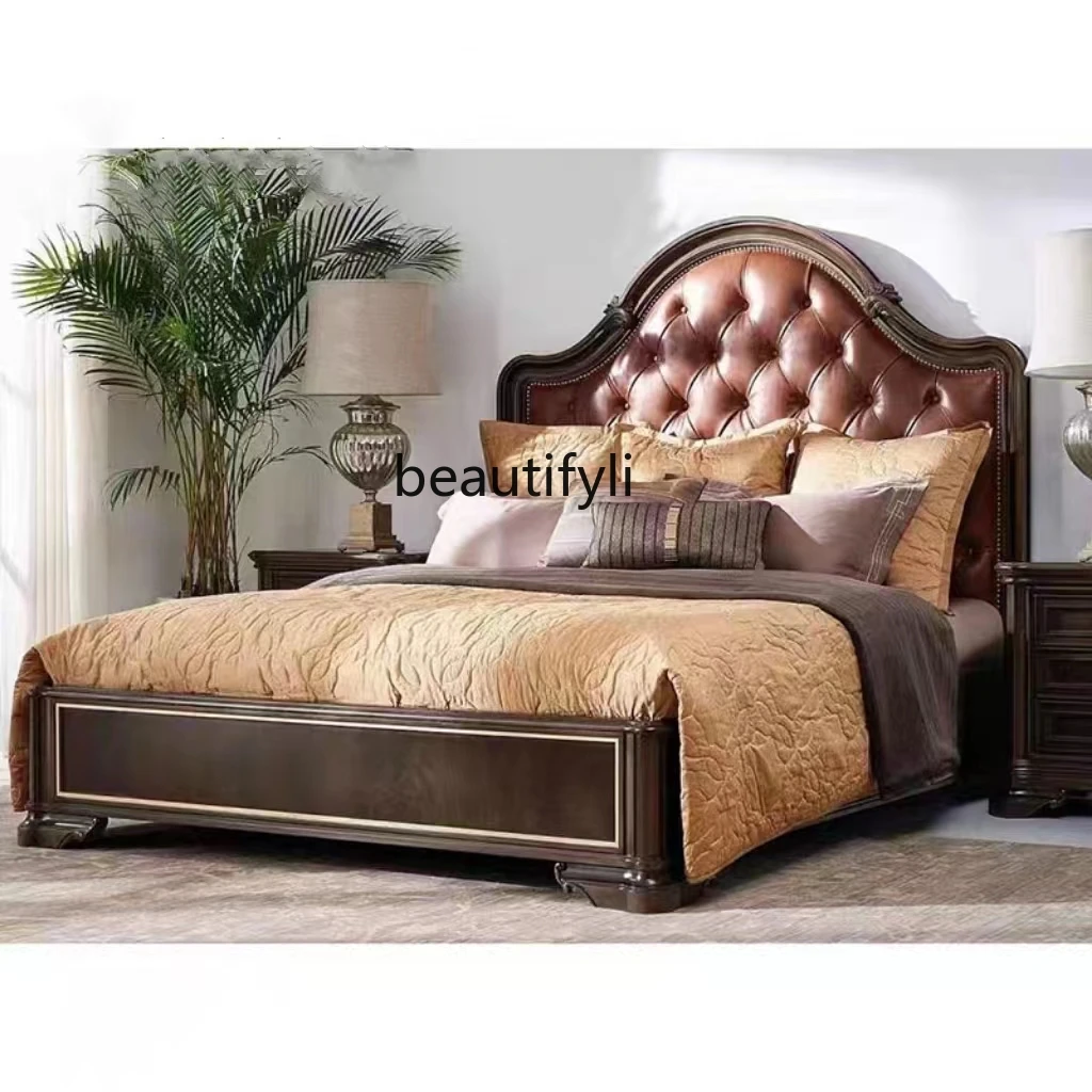 European-Style Retro Double Bed Solid Wood Carved Bedroom Pull Buckle Leather Backrest Hotel Homestay