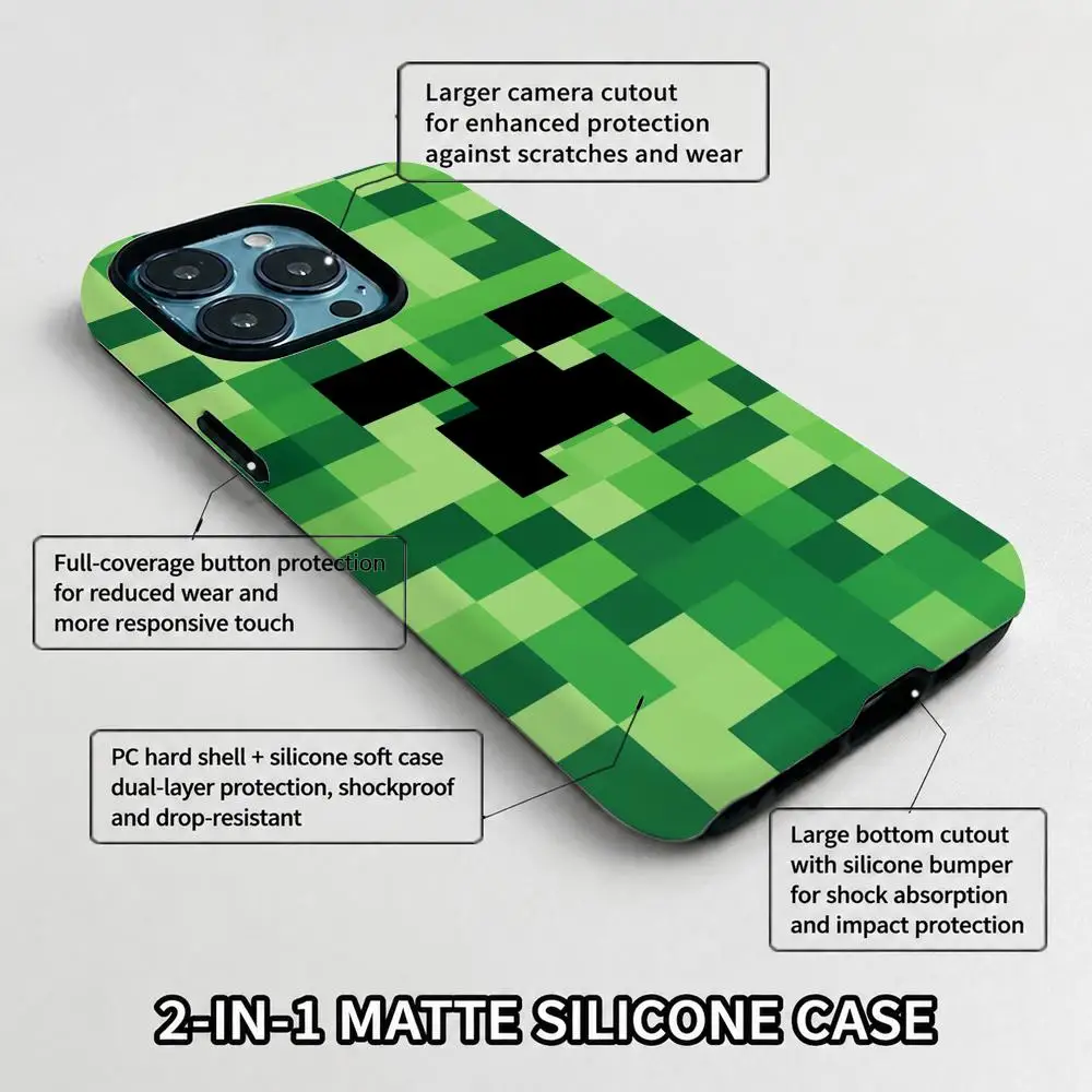 Hot Game Green Pixel Monster Cartoon Phone Case for iPhone 17 16 15 14 13 12 11 X XS XR 7 8 Air Pro Max Plus Double-layer Cover view 5