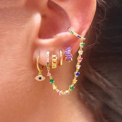 New Design Stainless Steel Cubic Zirconia Evil Eye Chain Hoop Earrings For Women Rainbow Punk Cartilage Earring Piercing Jewelry