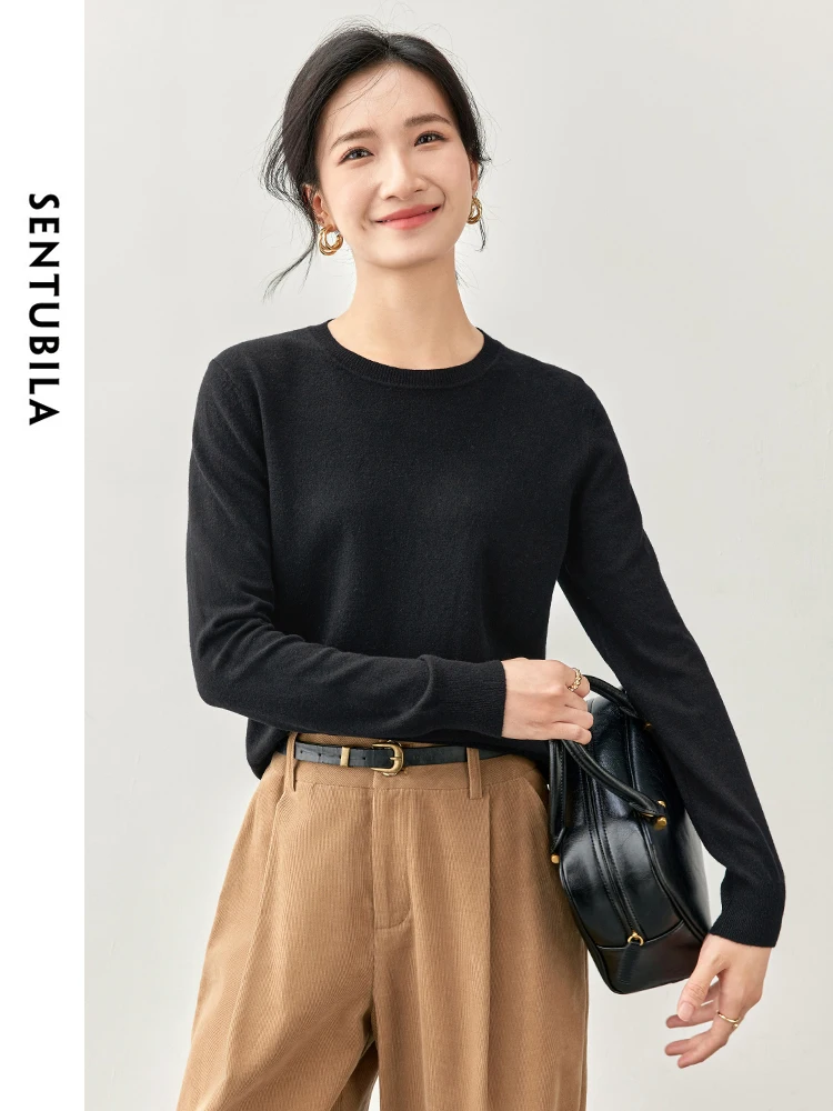 SENTUBILA Comfort Knitted Pullover for Women 2024 Autumn Commute Round Collar Long Sleeve Solid Basic Knitwear W43H56574