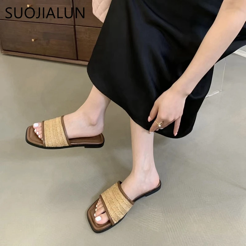 SUOJIALUN Summer New Brand Women Slipper Fashion Square Toe Open Toe Slip On Slides Soft Flat Heel Ladies Vaction Outdoor Shoes