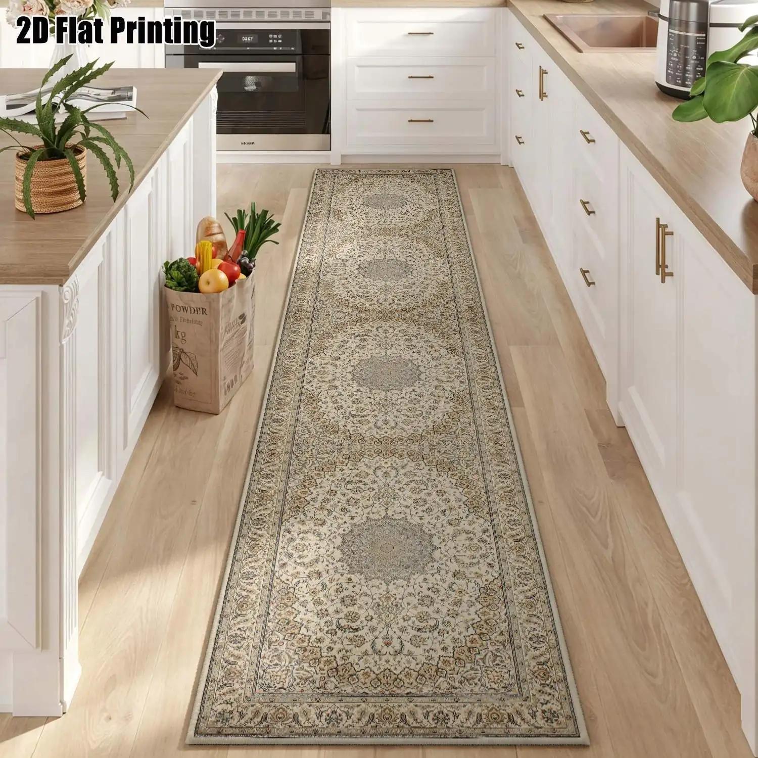 1Pc 2D Printed Long Strip Runner Carpet: Beige Retro Floral/European/Geometric Striped Pattern, Machine Washable, Multi-Size, for Entrance, Corridor, Bedroom, Kitchen Home Decor