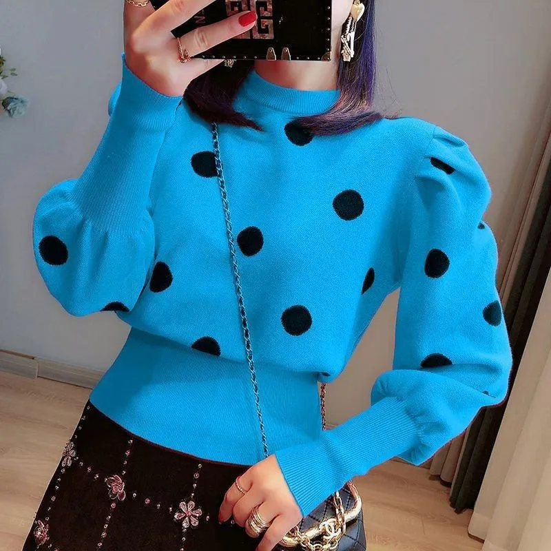 

2023 New chic waist fitting knit pullover sweater large polka dot fashion women's top street retro casual new loose fitting