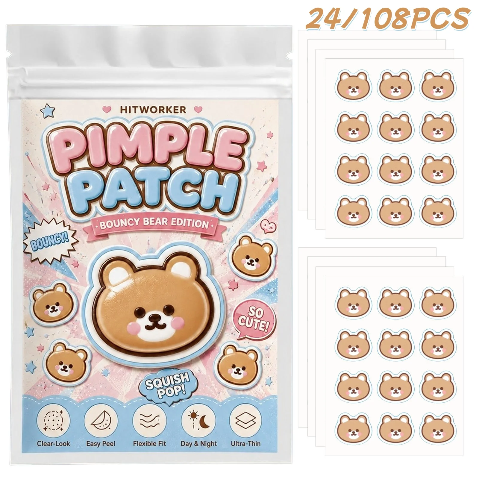 24/108pcs Cute Bear Pimple Patches, Hydrocolloid Spot Cover Stickers, Ultra Thin Easy Peel Face Patch for Day Night