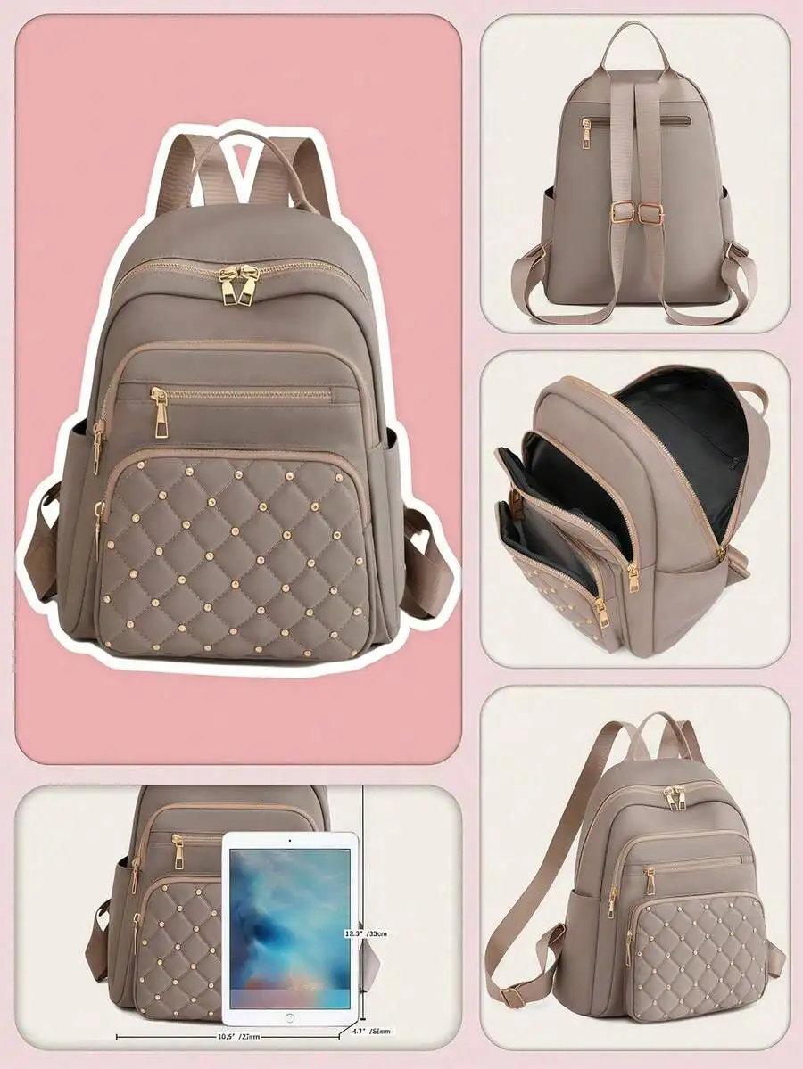 

Quilted Rivet Decorated Functional Backpack For Women, Casual Business Travel Laptop Daypack
