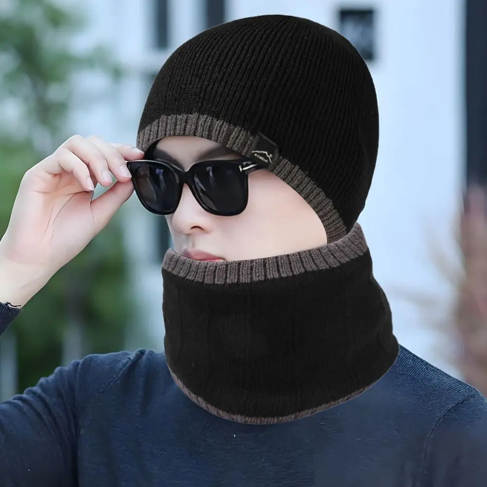 Fashion Warm Hat Scarf Set Fleece Lining Neck Protection Men's Knitted Hat Beanies Winter
