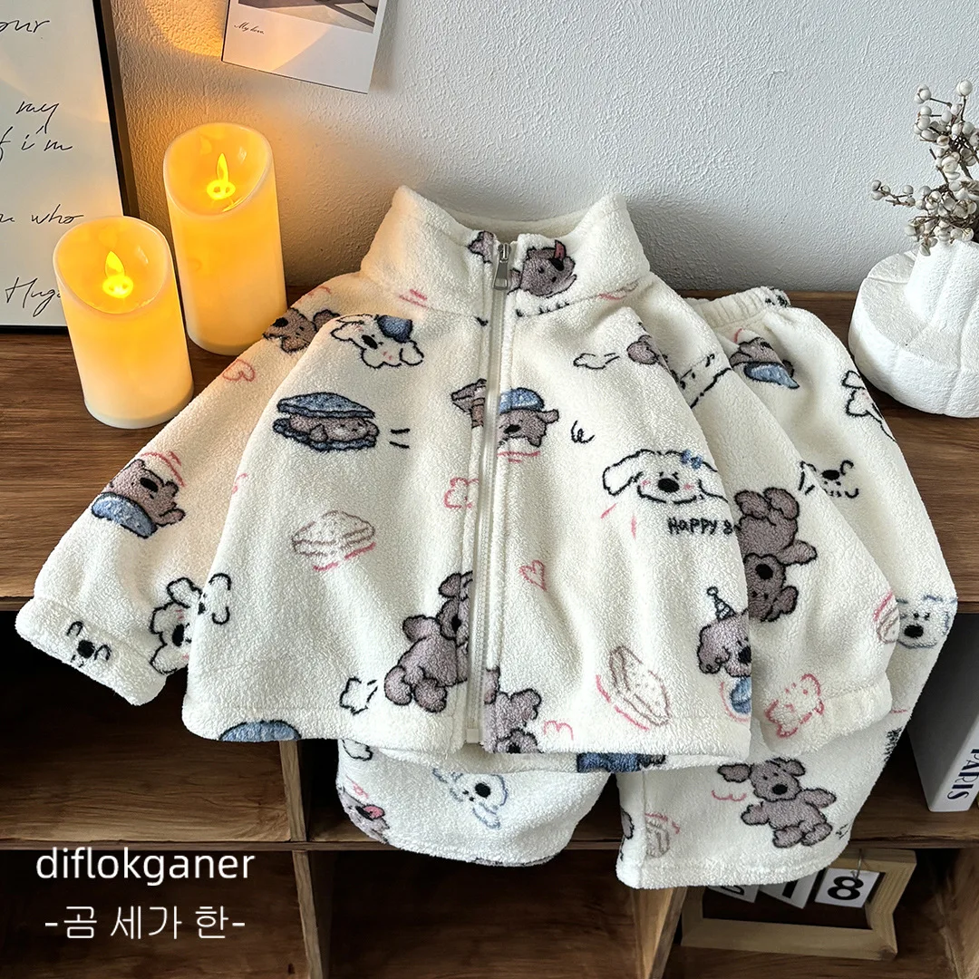 

0-8Y Boys Girls Winter Warm Soft 2Pcs Outfit Sets Kids Double-sided Fleece Cartoon Printed Tracksuit Casual Homewear Outerwear