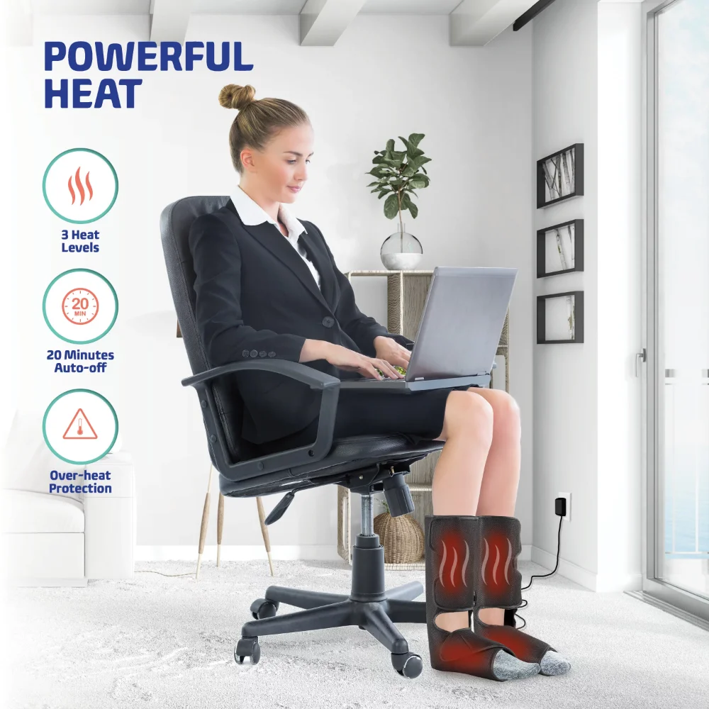 Leg & Foot Air Compression Massager with 3 Heat Settings, 6 Massage Modes and 3 Intensity Levels.