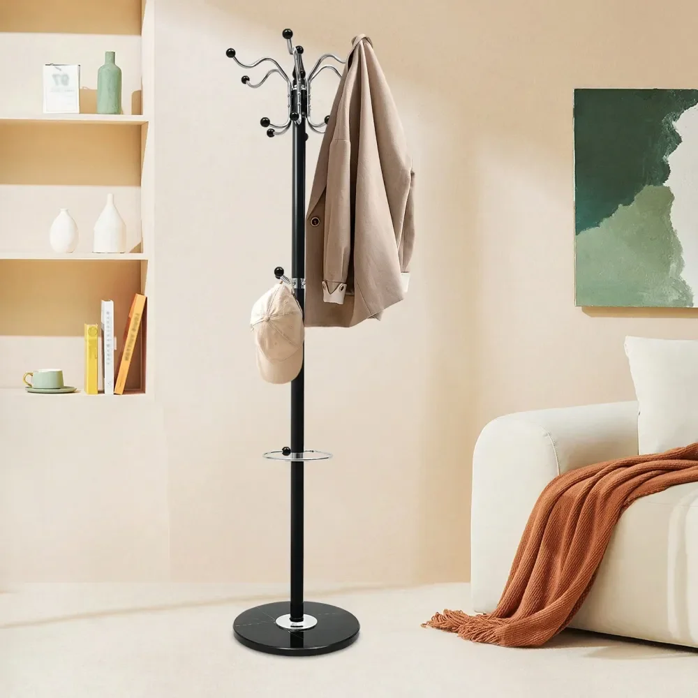

Coat Hat Rack With Marble Base, Garment Rack Stand With 17 Hooks, 360 Rotating Head And Umbrella Holder, MultiTiered Metal Coat