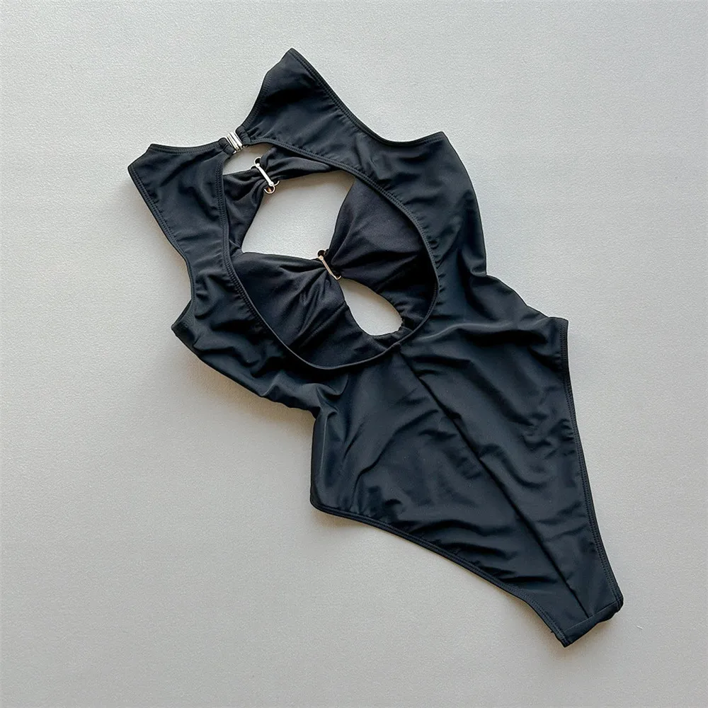 Sexy Black Hollow Out Backless Swimsuit Woman One Piece Metal Ring Swimwear 2026 Monokini High Cut Swimming Bathing Suit Wear