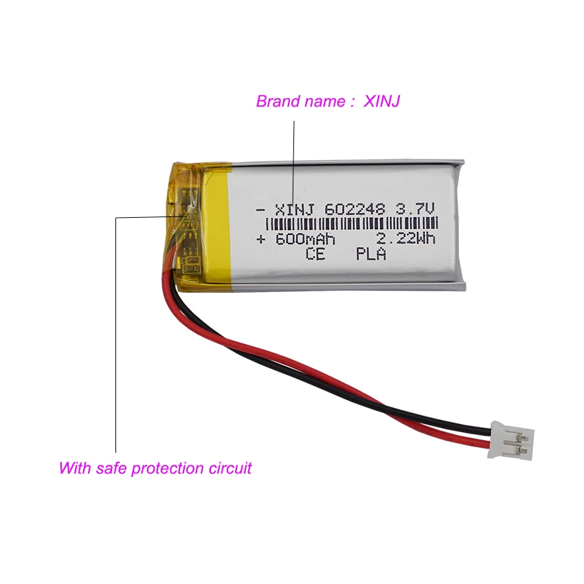 3.7V 600mAh 2.22Wh Polymer Lipo Lithium Battery JST-PH 2pin 2.0mm Connector 602248 For GPS Baby Camera MP4 Car Navigation