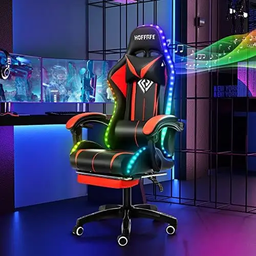 RGB Gaming Chair with Speakers Massage LED Lights Game Chair-Red | Bluetooth Computer Gaming Chair with Footrest Video
