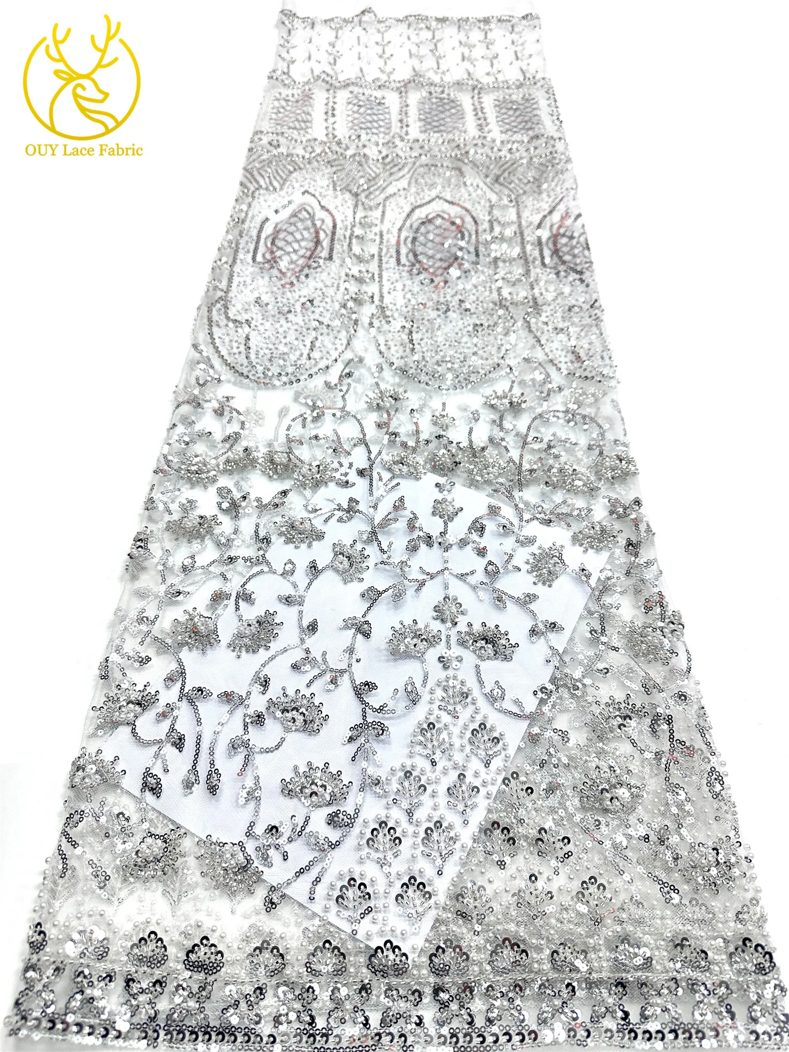 Afrikanischer Perlenstickerei-Spitzenstoff 2026 Hochwertiger Nigerianischer Pailletten-Spitzenstoff Französischer Braut-Hochzeits-Abendkleid-Nähstoff 5Y – Detail 14