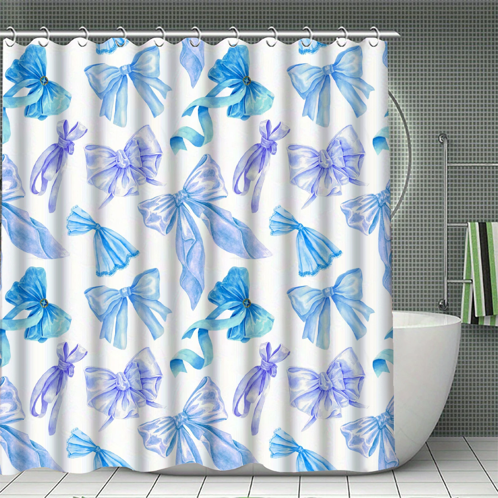 

Blue Bowknot Curtains Shower Curtain Set for Bathroom Modern Bath Rug Decor For Bathroom Shower Curtains Multi-Size With 12Hooks