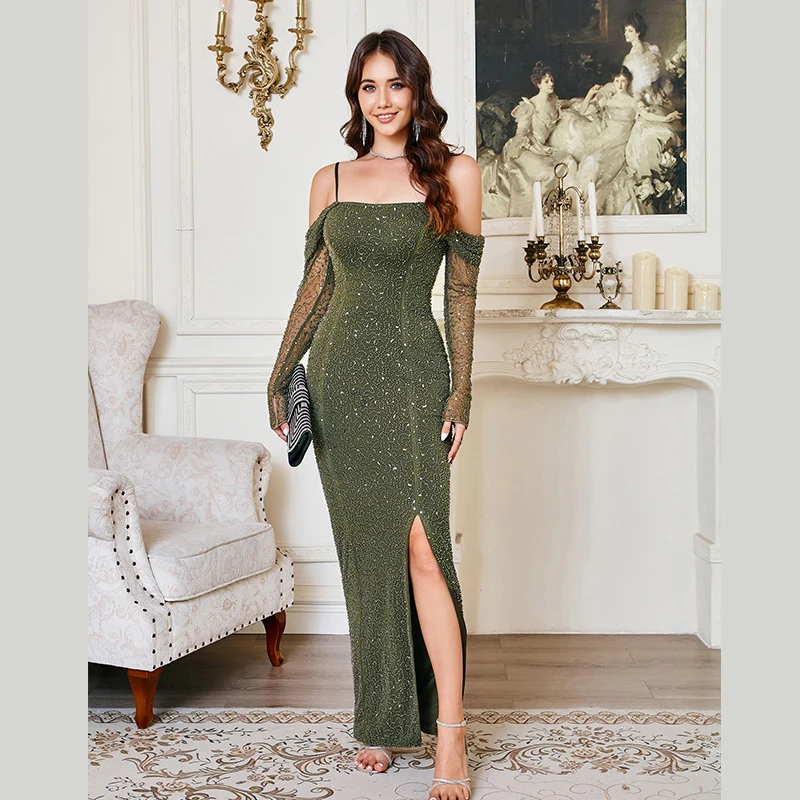エレガントな女性らしいロマンチックでセクシーなスリムフィットのボディコンワンピース、グリーンのブライダルマキシロングスリーブウェディングドレス、スパンコールのイブニングプロムドレス、パーティー用