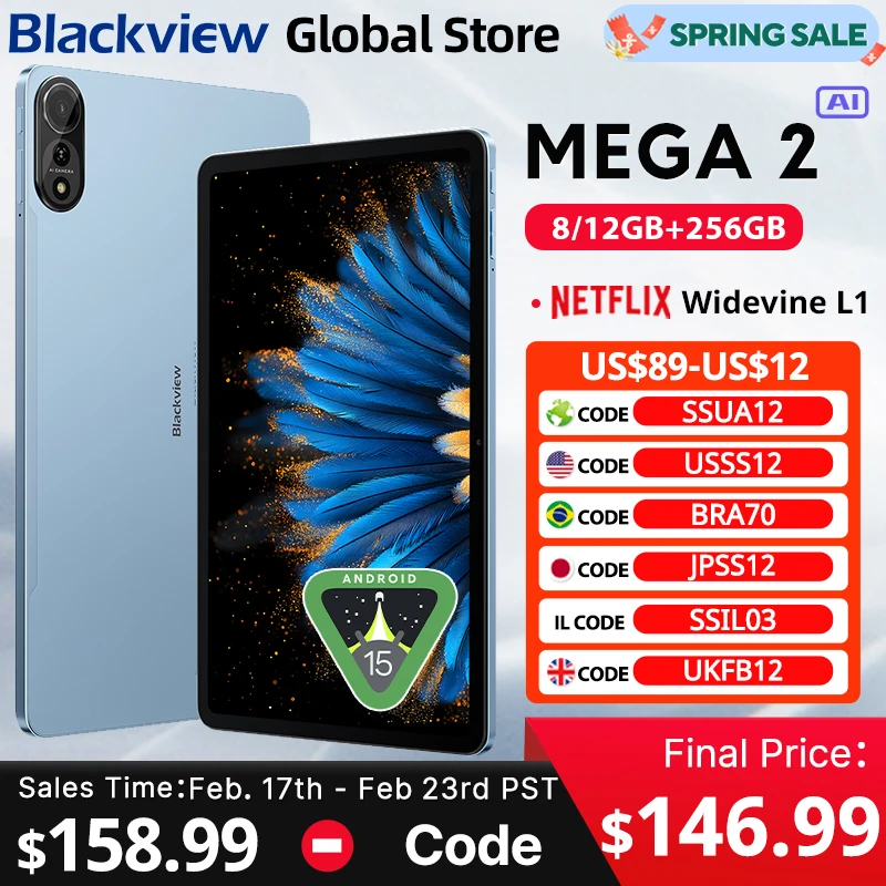 Blackview MEGA 2 Tablets 12 inch 2K Display  Android 15 Widevine L1 36GB(12+24) 256GB 9000mAh 16MP AI Camera Pad PC