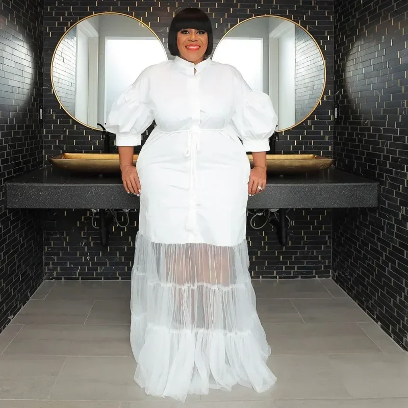 

GUWU Plus Size Mesh Ruffles Patchwork with Sashes Button Up Shirt Straight Maxi Long Dress Autumn Vintage Women Dresses