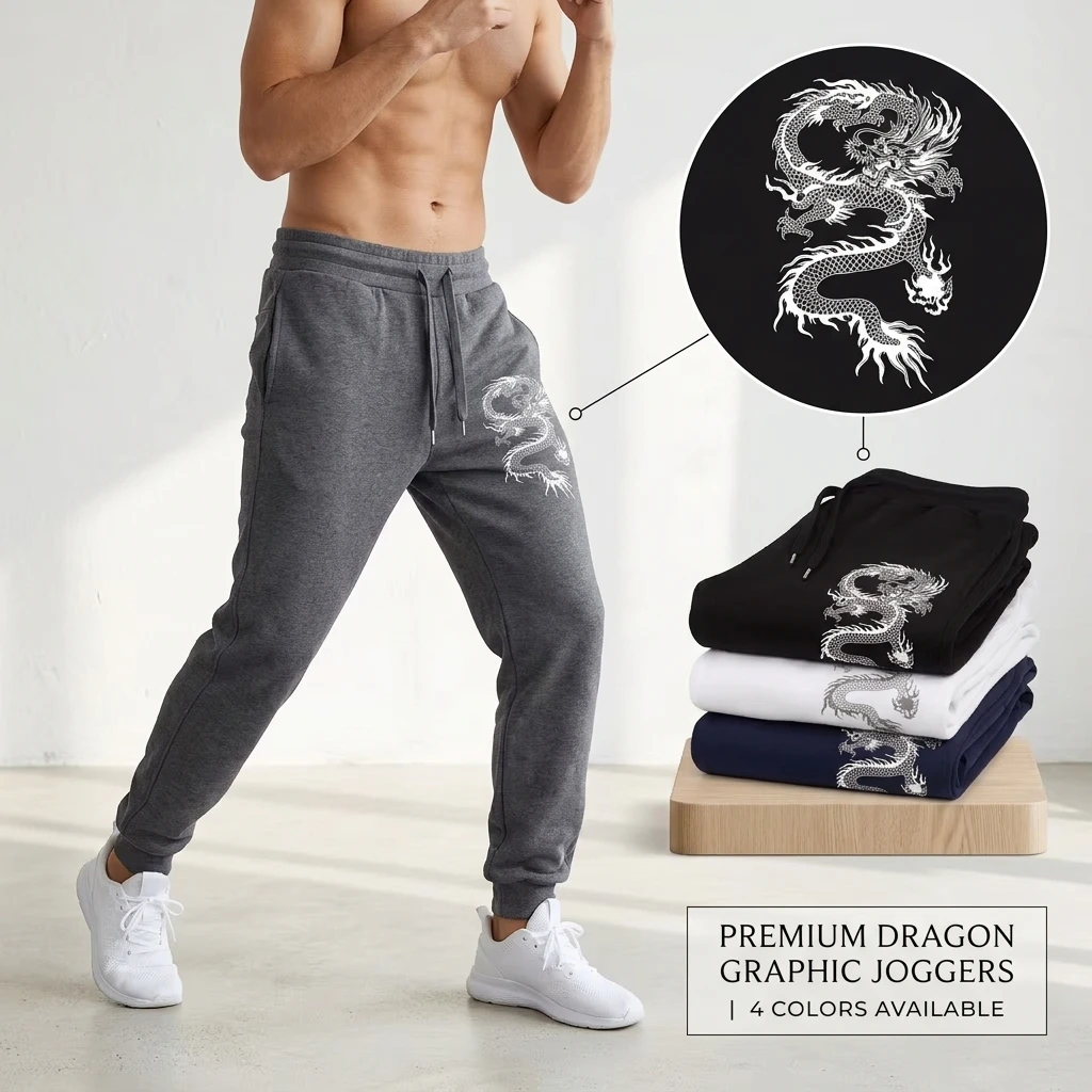 New Fashion dragon print Joggers Men Body Building Gyms Pants Outdoor Casual Sweatpants Sports Fitness Trousers