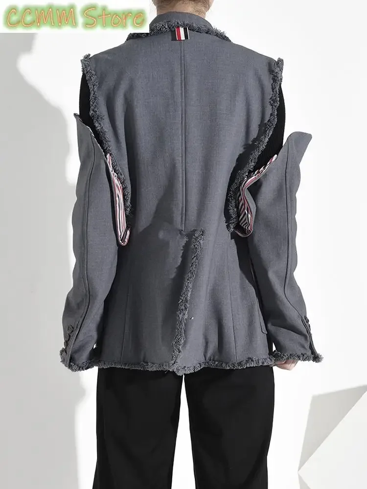 Women Two Ways Wear Tassels Striped Blazer New Lapel Long Sleeve Loose Fit Jacket Fashion Tide Spring Autumn