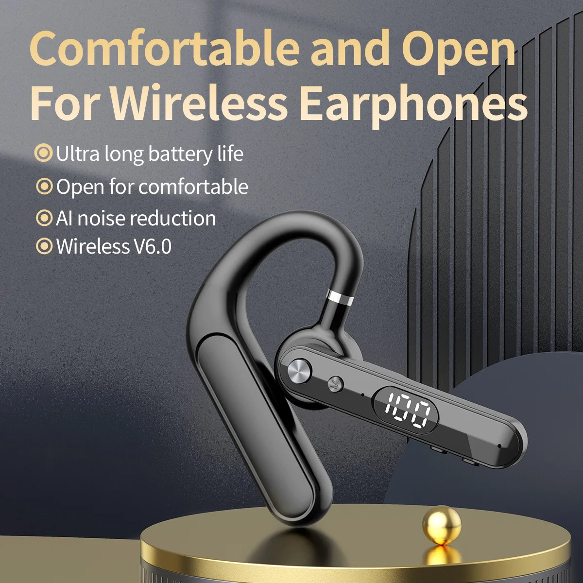 

Open-Ear Bluetooth6.0 Single Rotable Headset LED Battery Display Noise Reduction Business Office Sport Earphone IPX6 Waterproof
