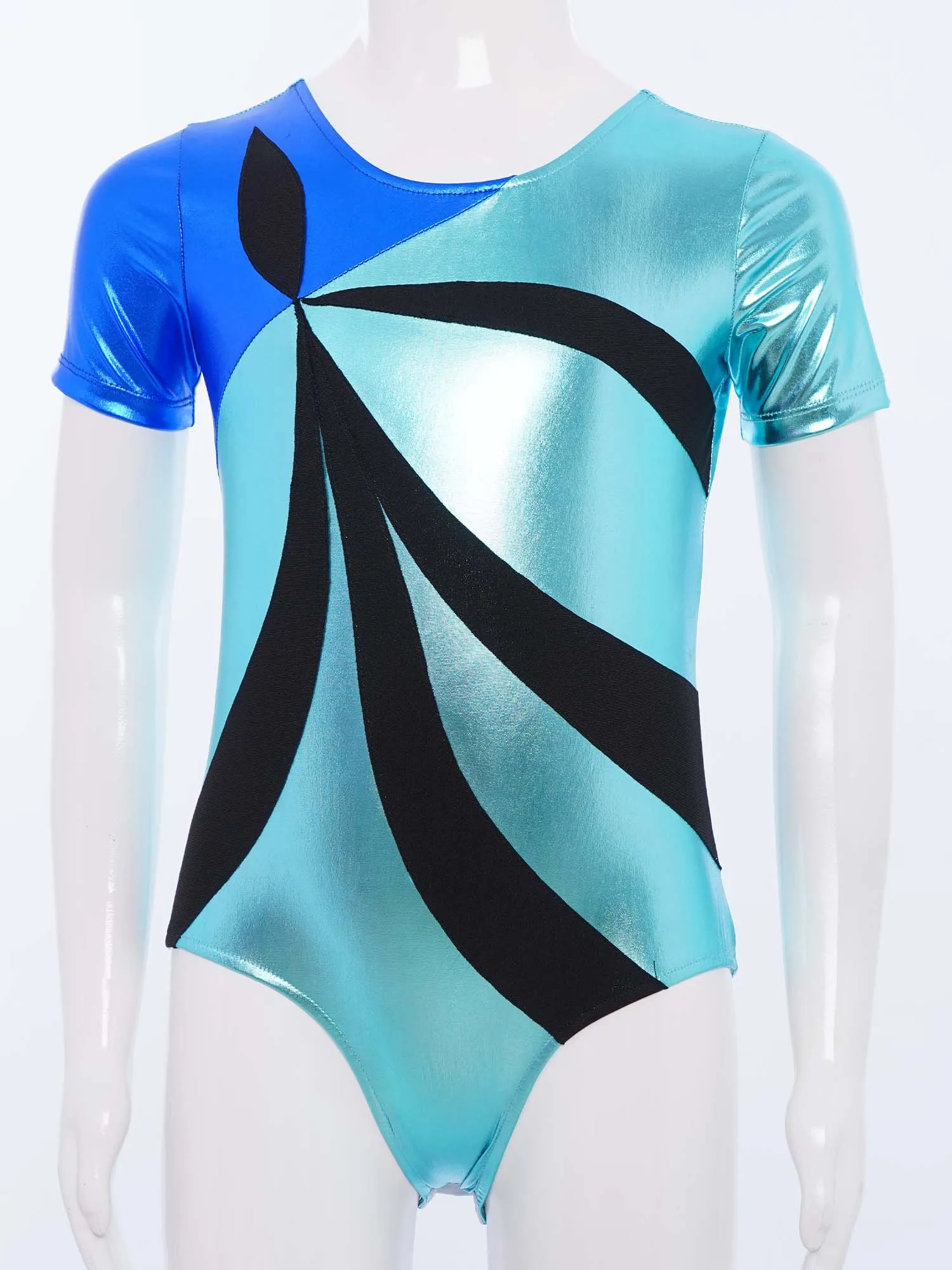 

Kids Girls Metallic Shiny Leotards Rhythmic Dance Gymnastic Performance Costume Short Sleeve Color Block Leotard Skating Dresses
