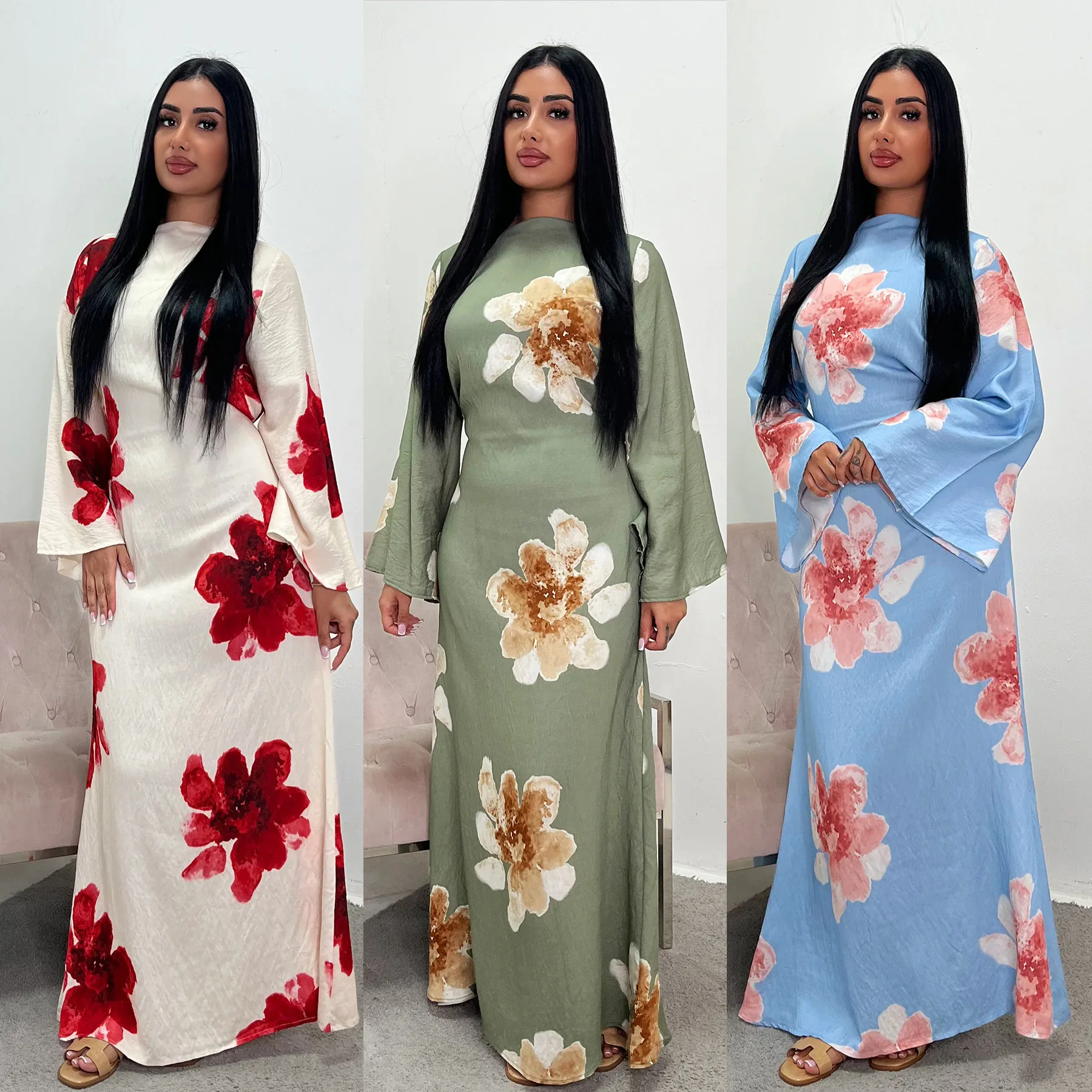 

Southeast Asian Floral Print Maxi Dr Waist-Cinched Long Skirt High Waist Polyester Fiber Summer Season Long Sve round Ne