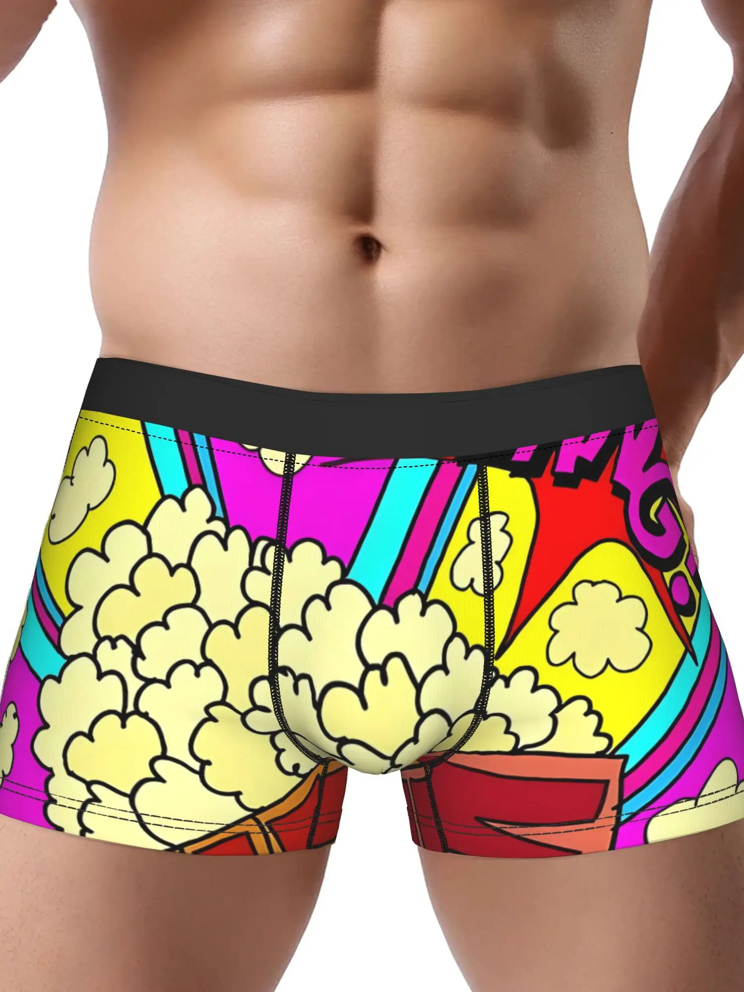 Pop Art Popcorn Print with Bold Retro Stripes, Soft Stretch Breathable Underwear, Fun Comic Book Style Comfy Boxers