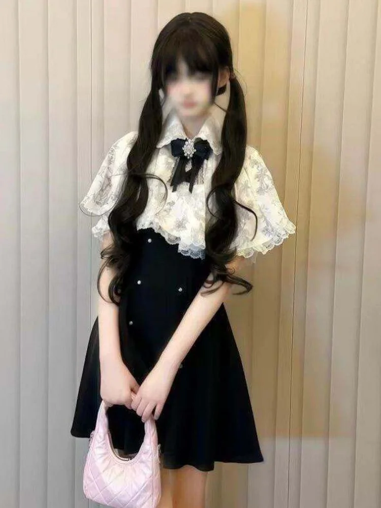 

Sweet Japanese Style Knot Short Skirt Set Women's Removable Print Small Shawl Two-Piece Suit Breathable Summer Fashion