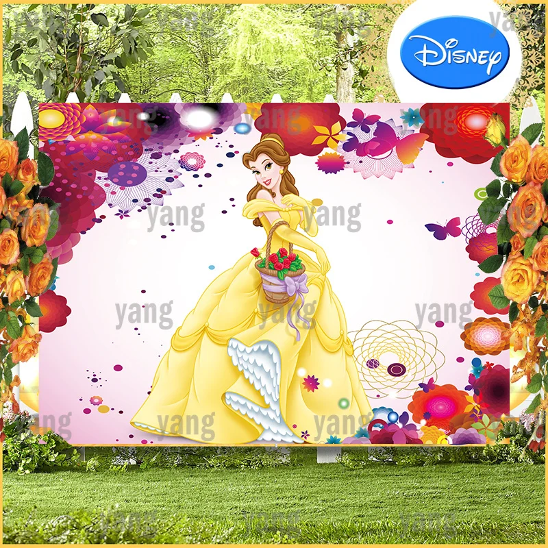 Disney Beauty and the Beast Cartoon Belle Cute Princess Romantic Birthday Party Colorful Flowers Backdrop Photography Background