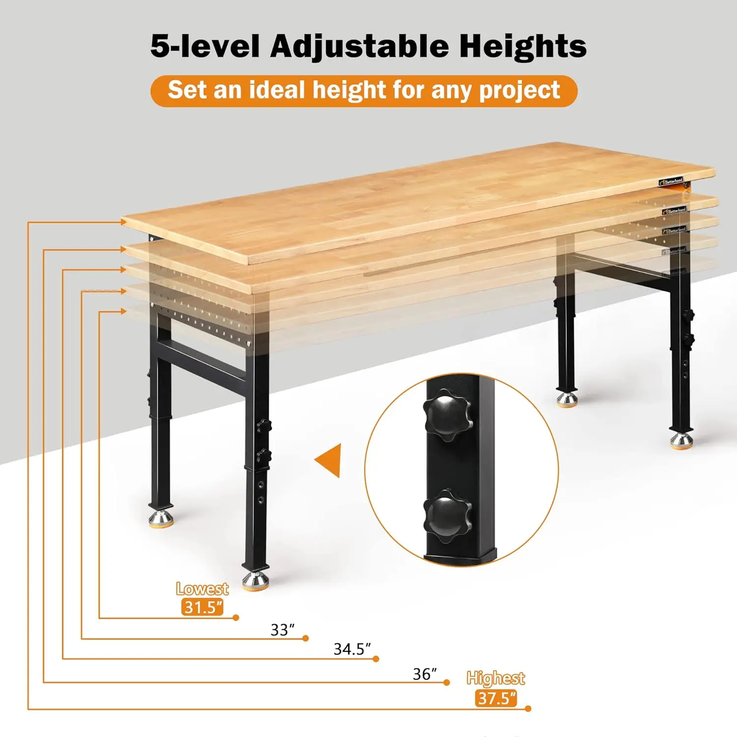 60" Heavy-Duty Adjustable Workbench for Garage, Rubber Wood Shop Table W/Double Pegboards & Drawer,Hardwood Workstation Weight