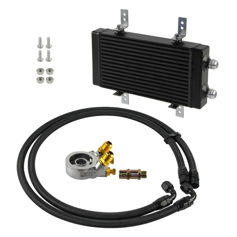 قضيب ولوحة تمرير مزدوج صغير مع طقم مهايئ مرشح ترموستاتي 80 درجة مبرد زيت أسود 9.5 بوصة × 5.5 بوصة × 1.58 بوصة كور