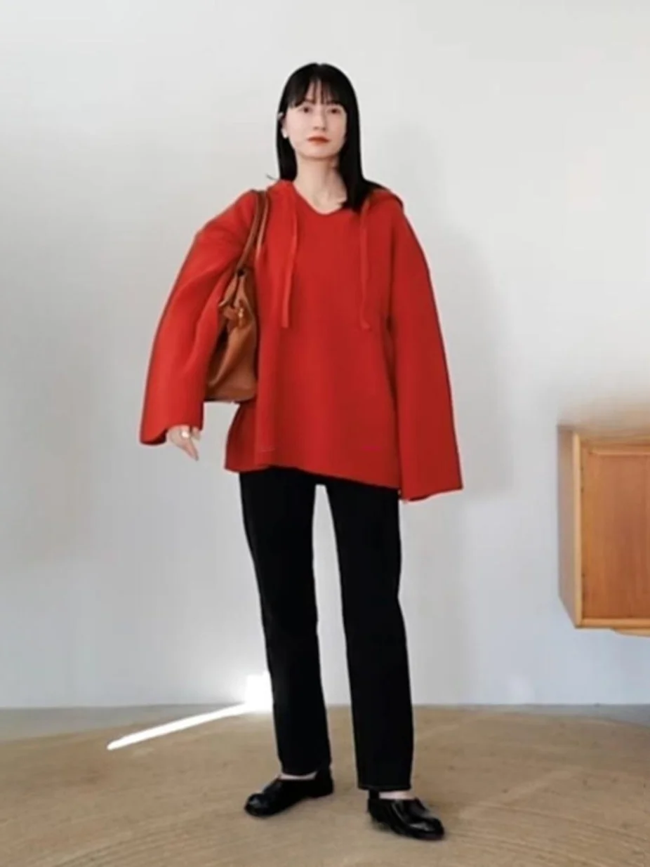 

Loose Knitted Long Sleeve Hoodie Split Casual Style Commute Pure Color Wool Polyester Blend Comfortable Fit Overhead Top
