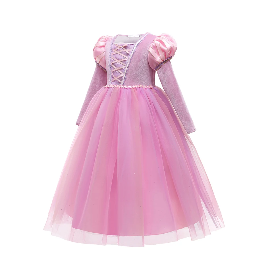 Disney Princess Rapunzel Pink Dress Girls Birthday Puffy Mesh Dress Children Birthday Carnival Party Winter Clothes 2-12T