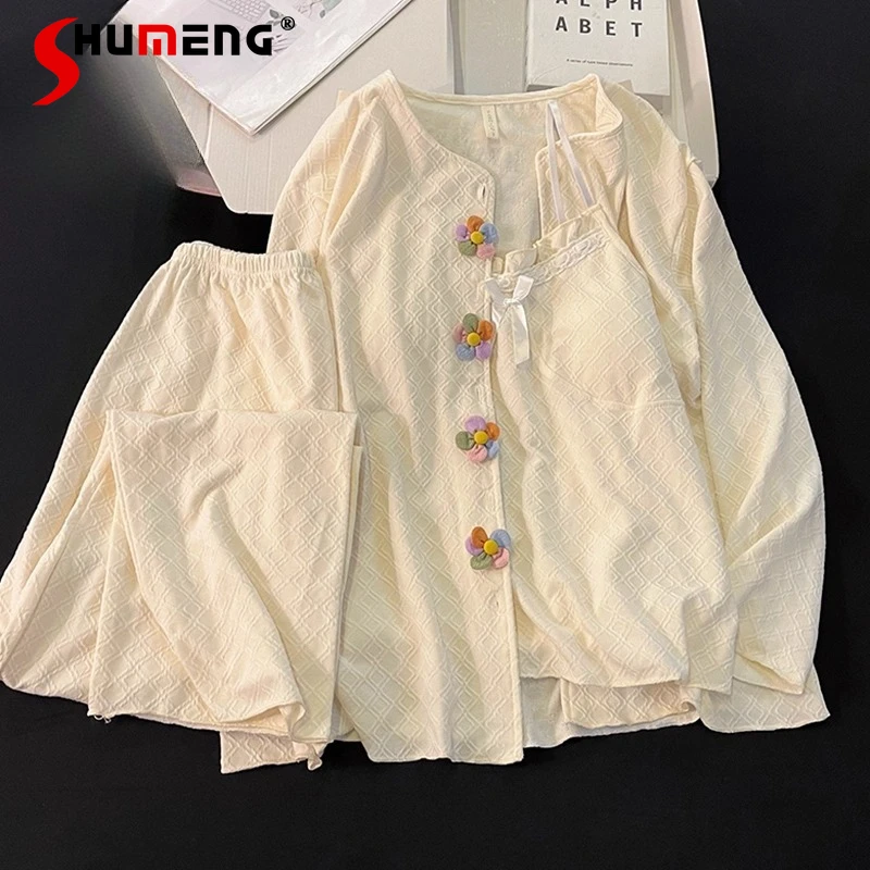 

Apricot Bowknot Pajamas for Women Spring Autumn New Pure Cotton Homewear Three Piece Set Female Chest Pads Sleepwear Suits