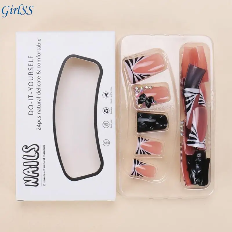 アヒルネイルチップ フェイクネイルグルーオンネイルスティックオンネイル ラインストーン付き プレスオンネイル 人工付け爪 レディース T4MB