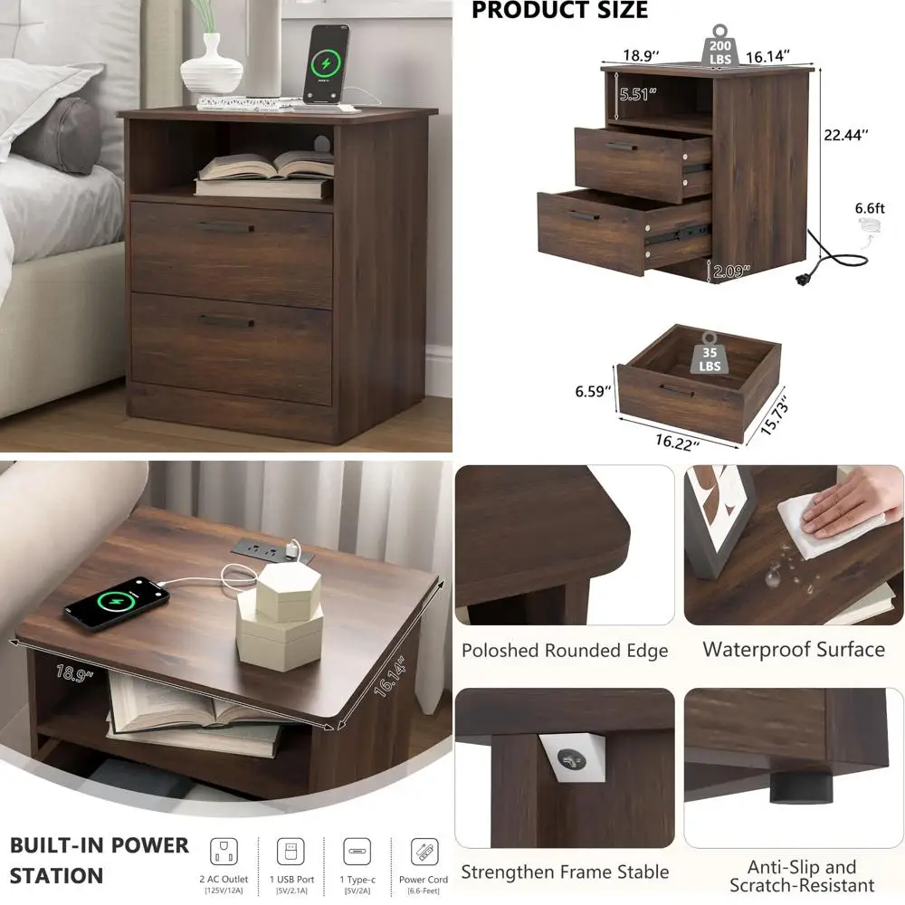 

Современная тумбочка с 2 ящиками, зарядкой через USB-C и розетками переменного тока.