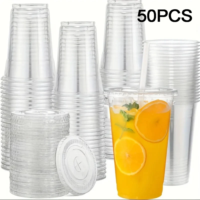 

50Sets 12/16/20OZ Plastic Cups With Lids Clear Disposable Cups For Parties Iced Coffee Smoothie Milkshake Cold Drinks