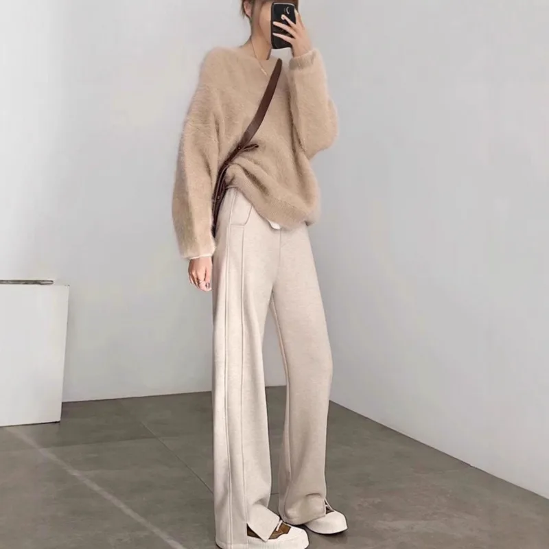 Automne hiver épaissir laine pantalon femmes Staight pleine longueur bureau dame côté fente pantalon taille haute pantalon costume décontracté pantalon