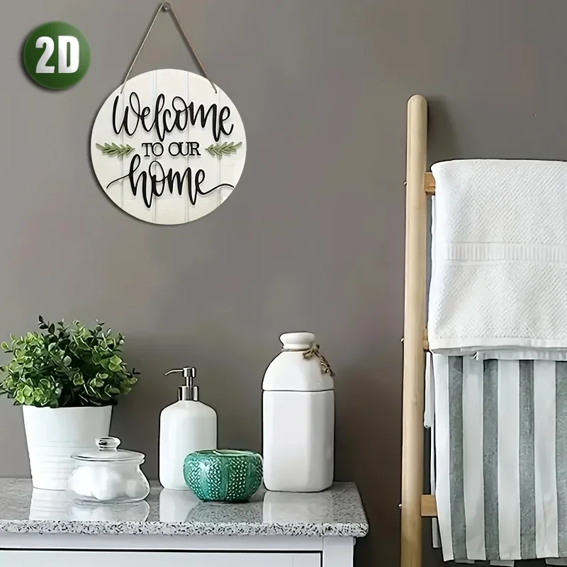 قطعة واحدة من لافتة ترحيب خشبية ريفية - "مرحبًا بكم في منزلنا" ديكور حائط مستدير مع لمسات أوراق خضراء للباب الأمامي والشرفة والمعيشة