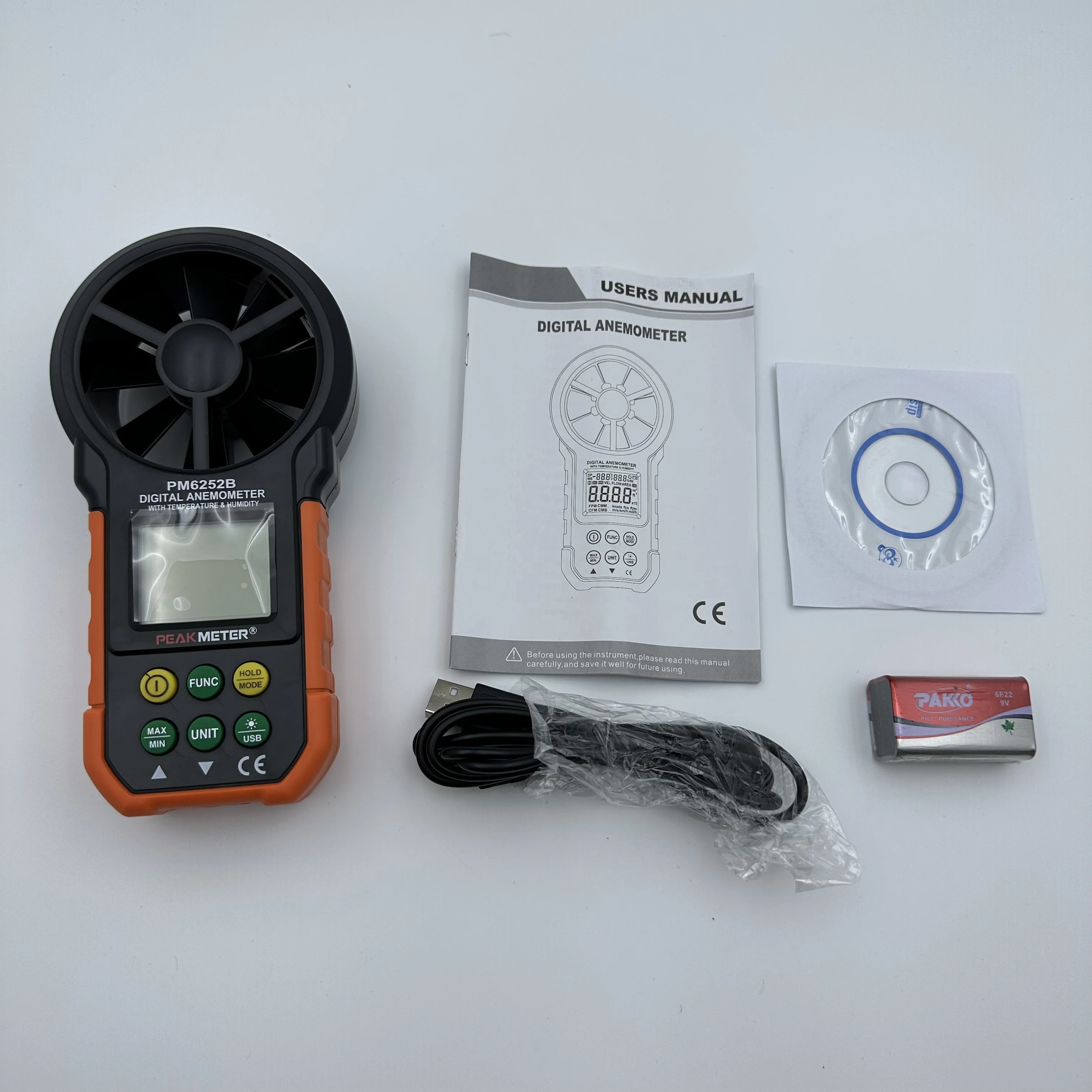 Anemometer digital PM6252B, pengukur kelembapan, termometer temperatur 3 in 1 anemometer digital dengan USB