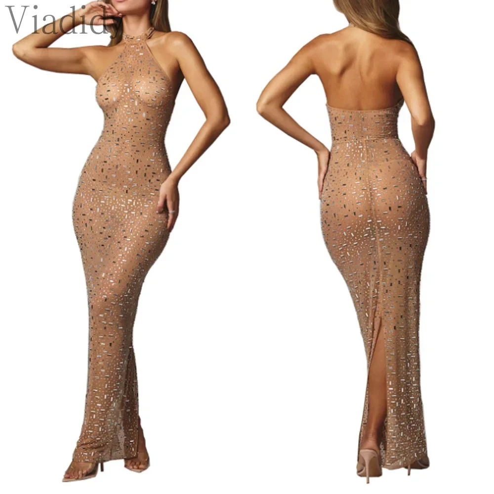 女性のセクシーなシースルーメッシュバックレスラインストーン装飾ホルターフロアレングスパーティードレス