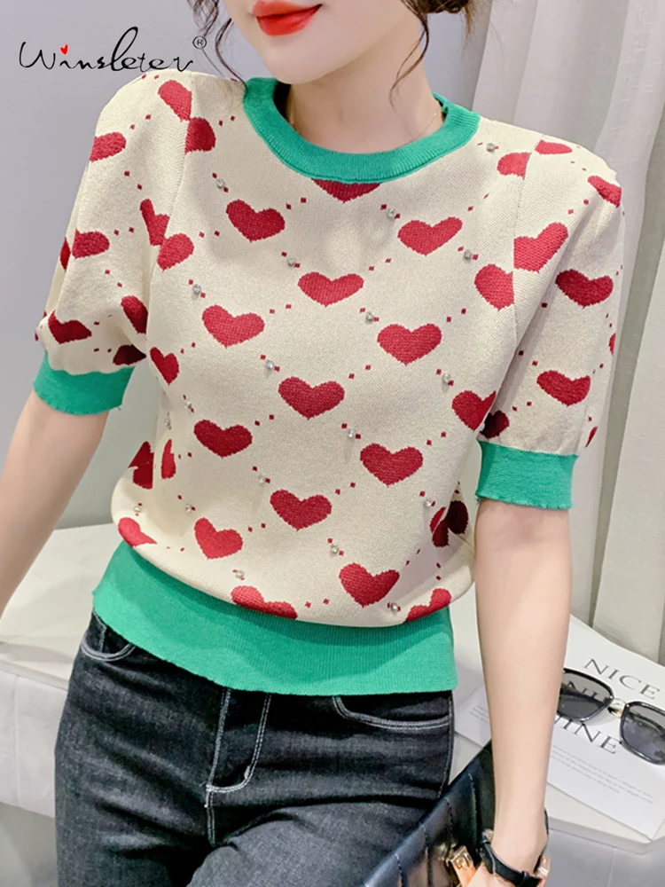 

Женская футболка в стиле пэчворк, с коротким рукавом и стразами