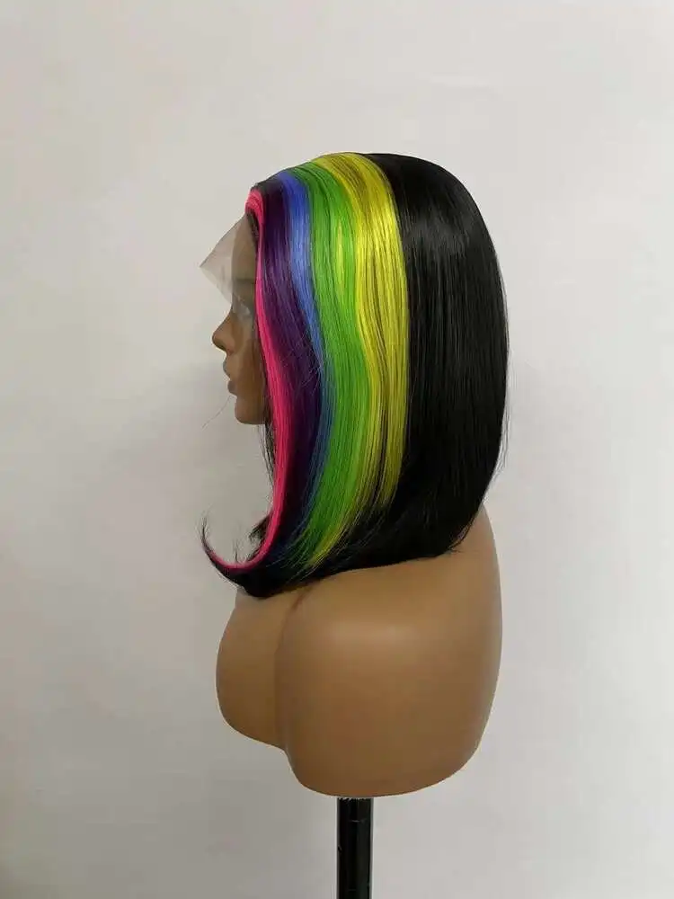 Rainbow Short Straight Lace Front Wig Synthetic Glueless Daily Wear Synthetic