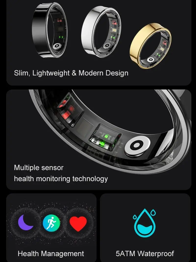 R09 Smart Ring Men Women with Charging Case Heart Rate Blood Oxygen 5ATM Waterproof SmartRing For Xiaomi Samsung Android IOS image 5