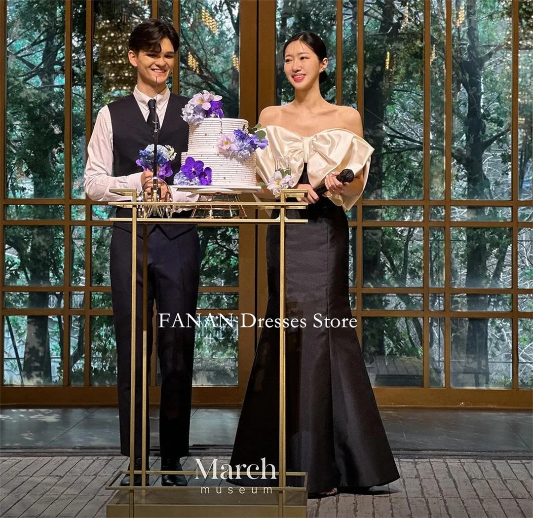 

FANAN Off Shoulder Mermaid Evening Party Dresses with Bow Korea Black Satin Wedding Women Gowns Event Prom Gowns Customized