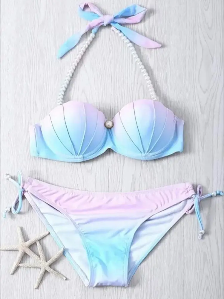 

Shell Solid Color Suspender Bikini Sexy Gradient Halterneck Split Swimsuit with Small Breast Push-UpBackless Mermaid Tail Bikini